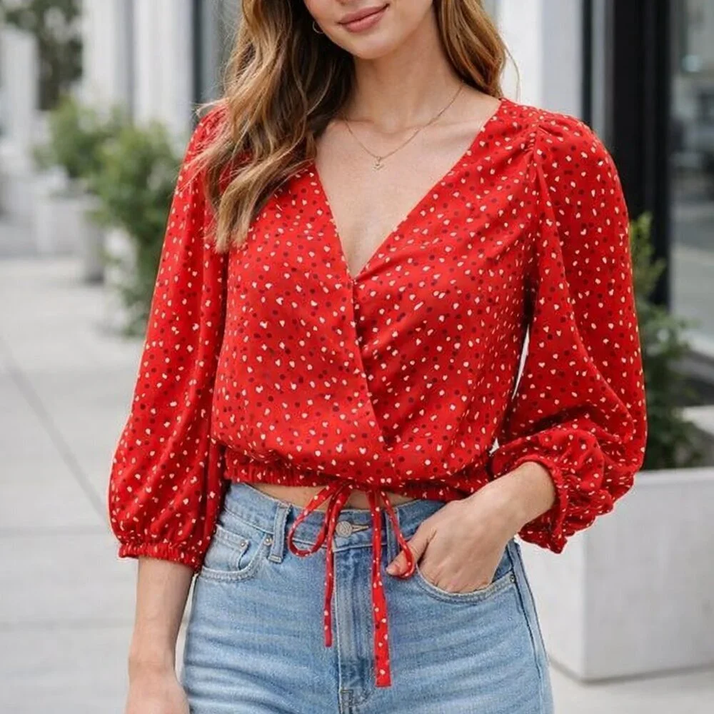Banana Republic Puff Sleeve Wrap Red Hearts Tie Blouse XS